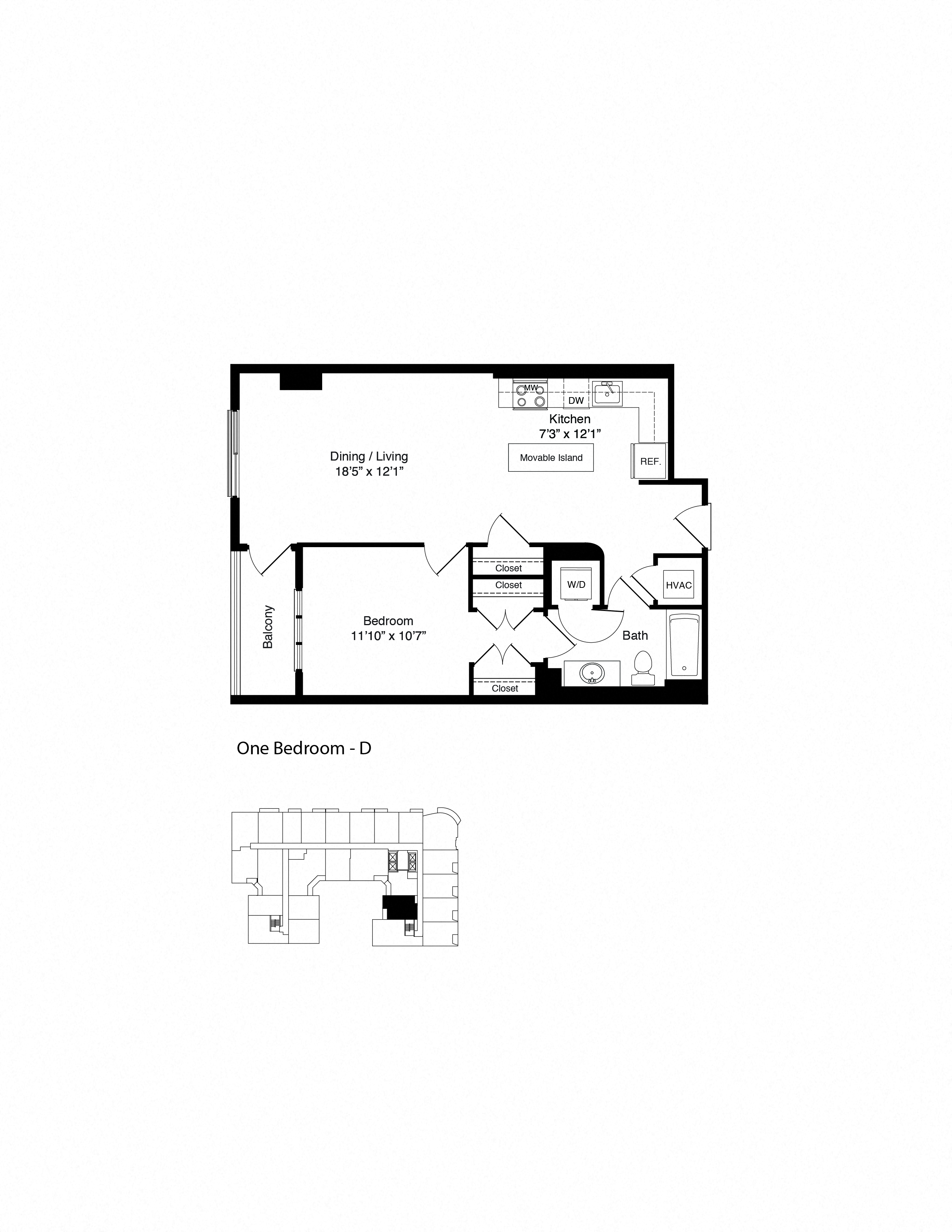 Floor plan for 1 bed, 1 bath, 756 sqft